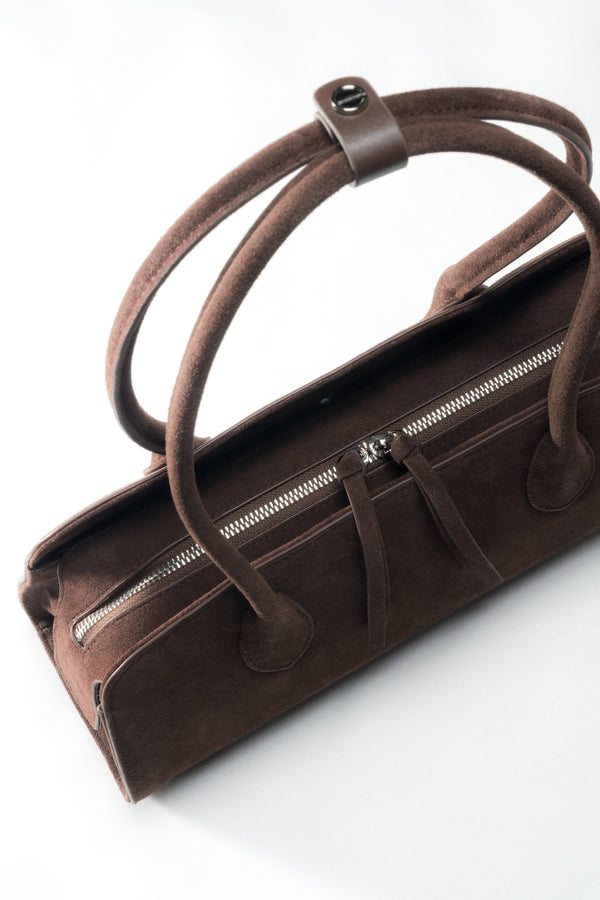 Dark brown compact shoulder bag for women, crafted from Natural Velour, Estro.