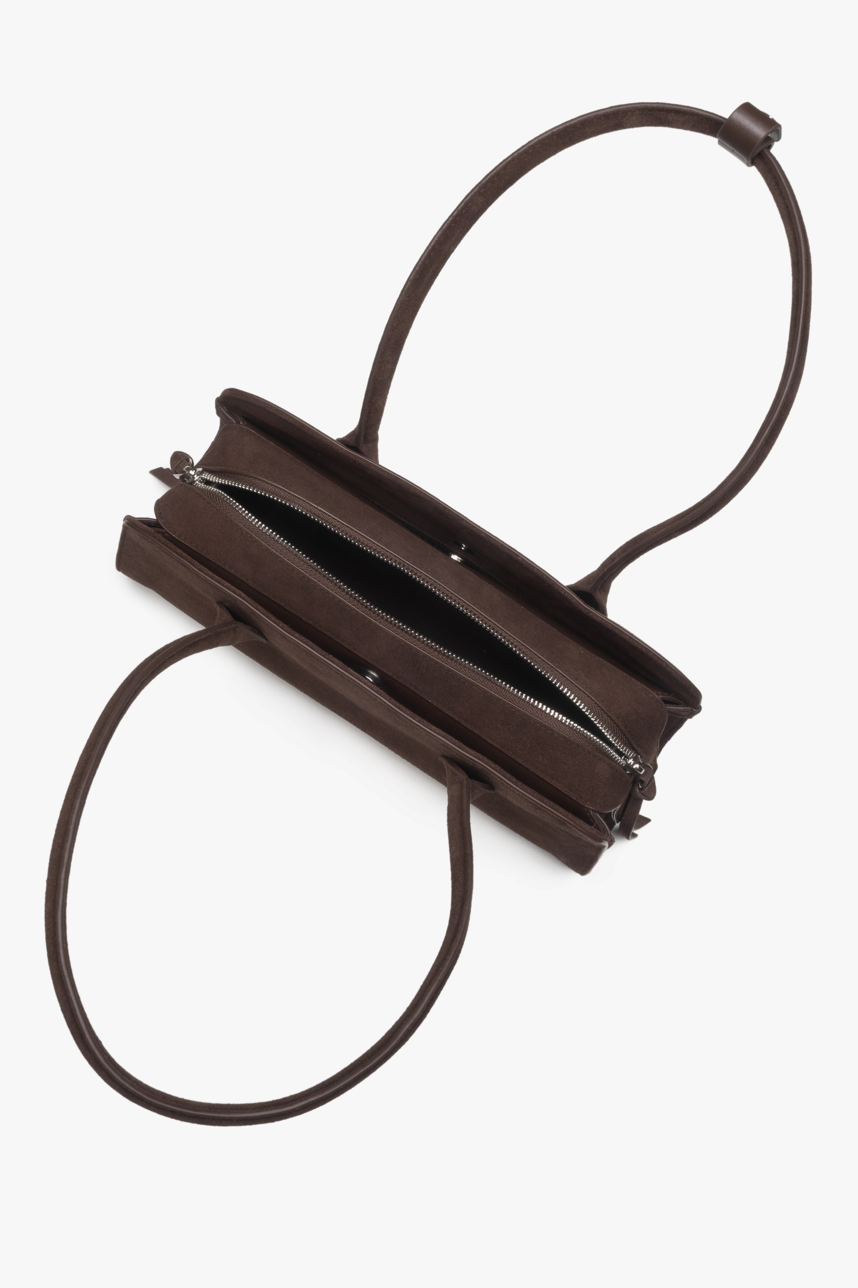 Dark brown compact women’s shoulder bag in Genuine Velour by Estro.