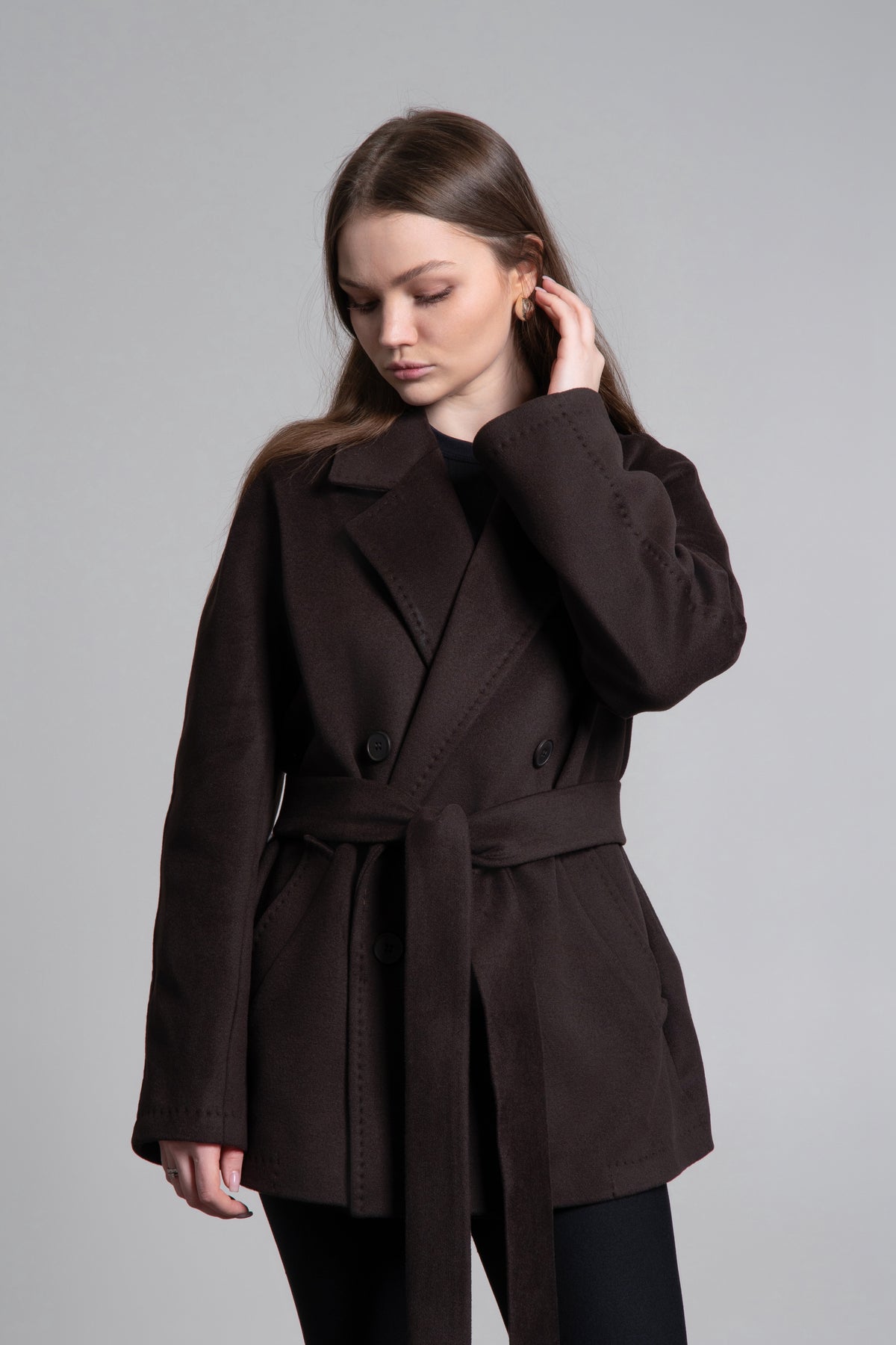 Women's Short Double-Breasted Wool Coat in Dark Brown Estro ER00119424.