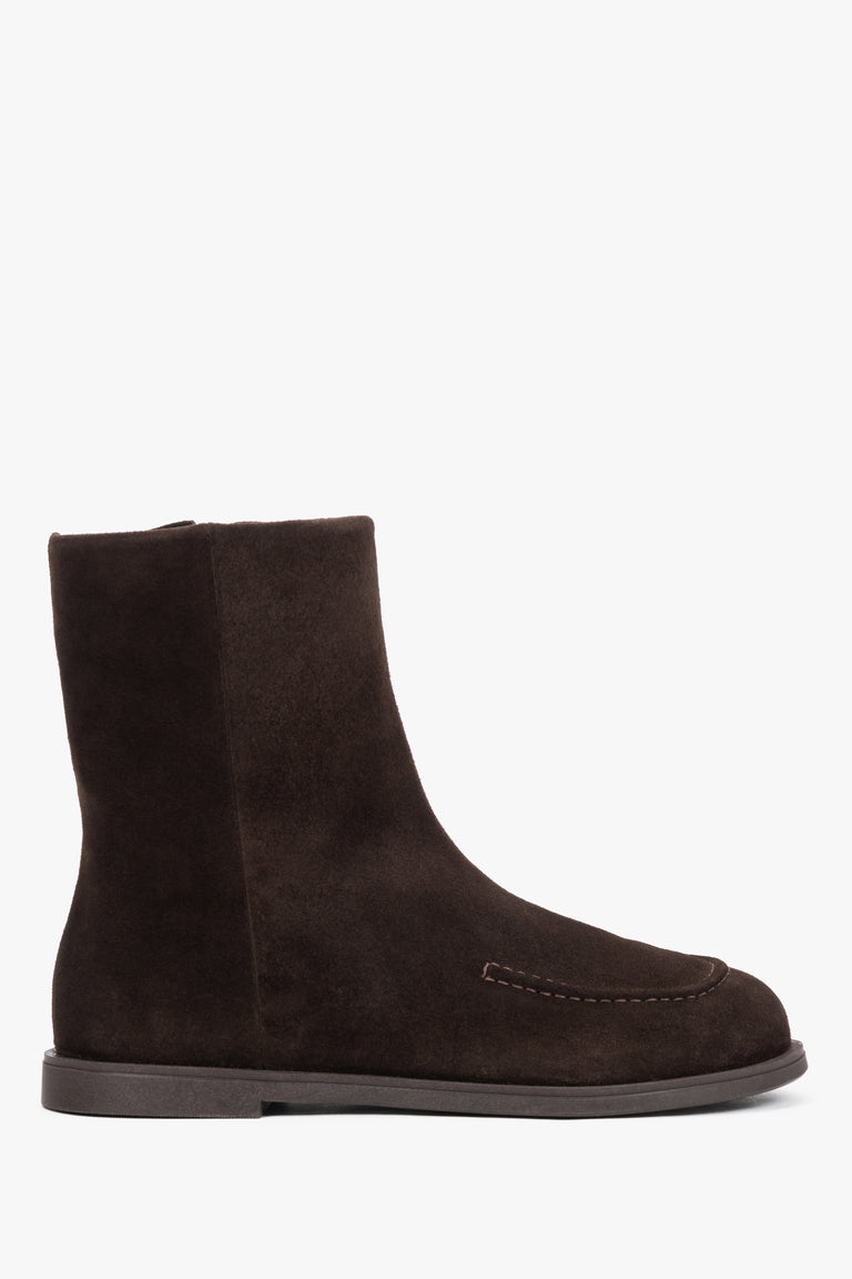 Women's Dark Brown Flat Ankle Boots made of Genuine Italian Velour Estro ER00120688.
