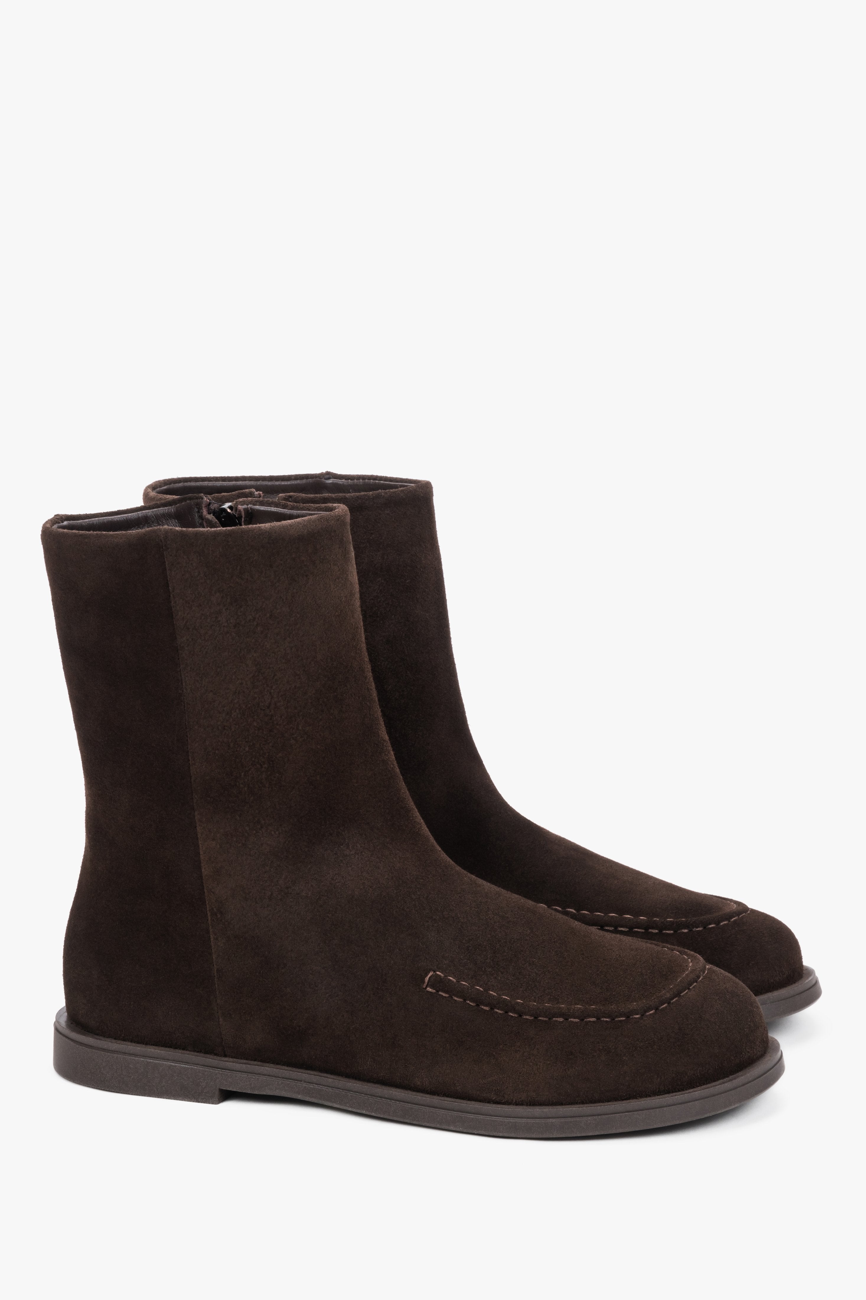 Dark brown women's flat ankle boots made of premium Italian natural suede.