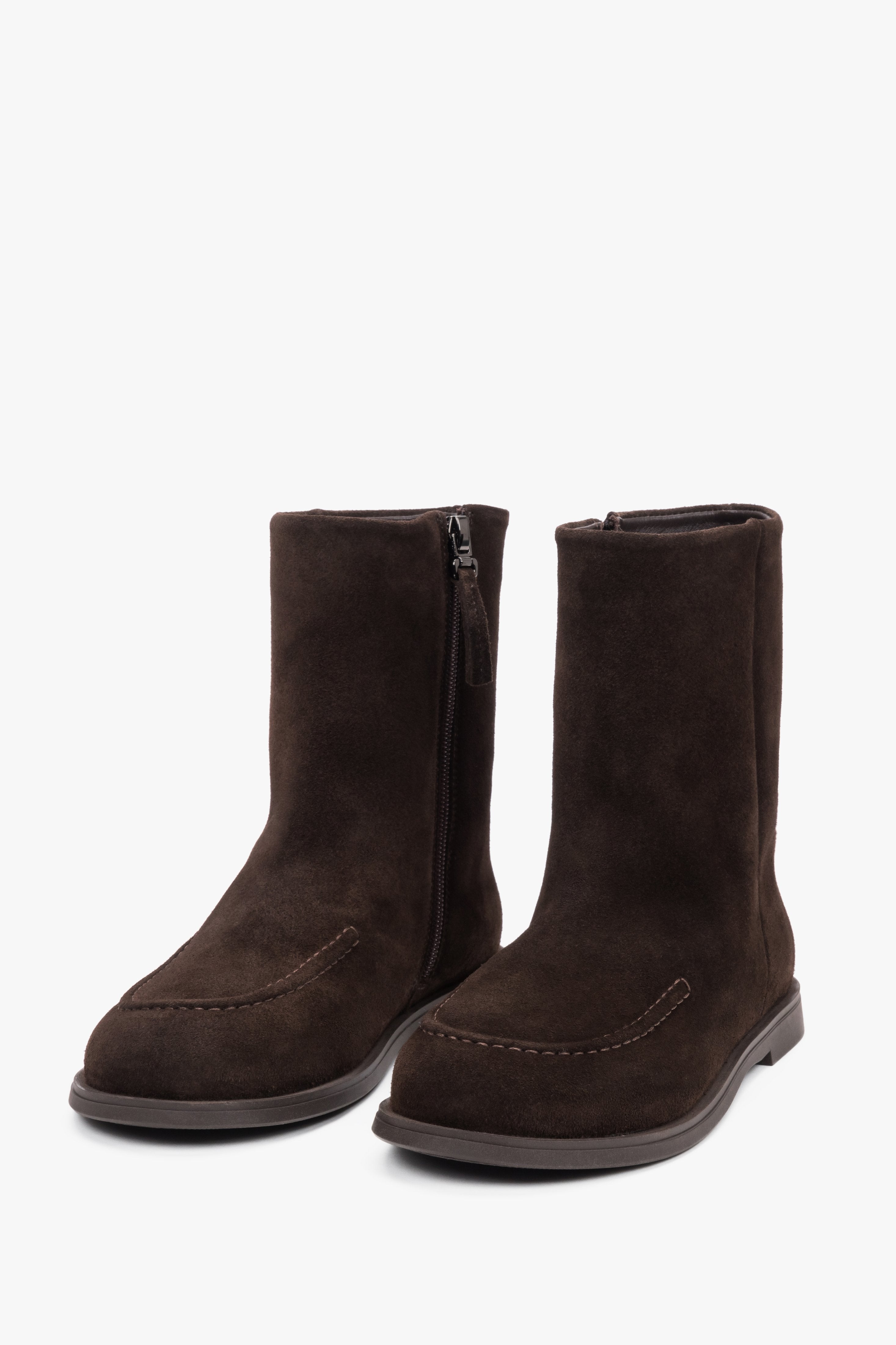 Elegant women's flat-heeled ankle boots crafted from dark brown Italian velour.