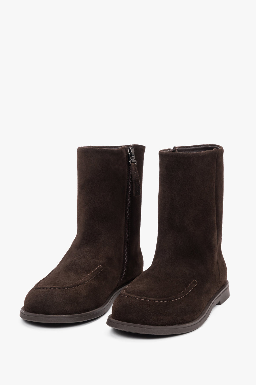 Elegant women's flat-heeled ankle boots crafted from dark brown Italian velour.