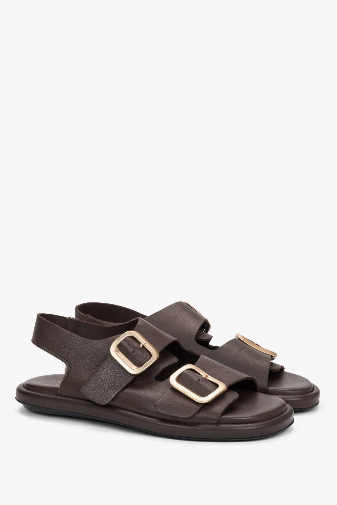 Dark brown women’s flat sandals with adjustable gold-tone buckles ER00119575.