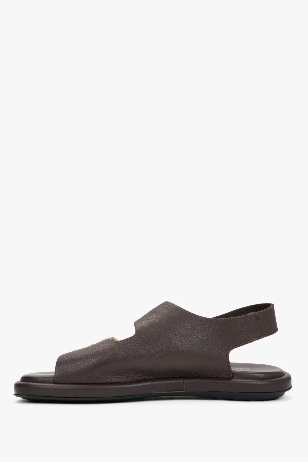 Women’s dark brown flat sandals with adjustable gold-tone buckles by Estro - side view.