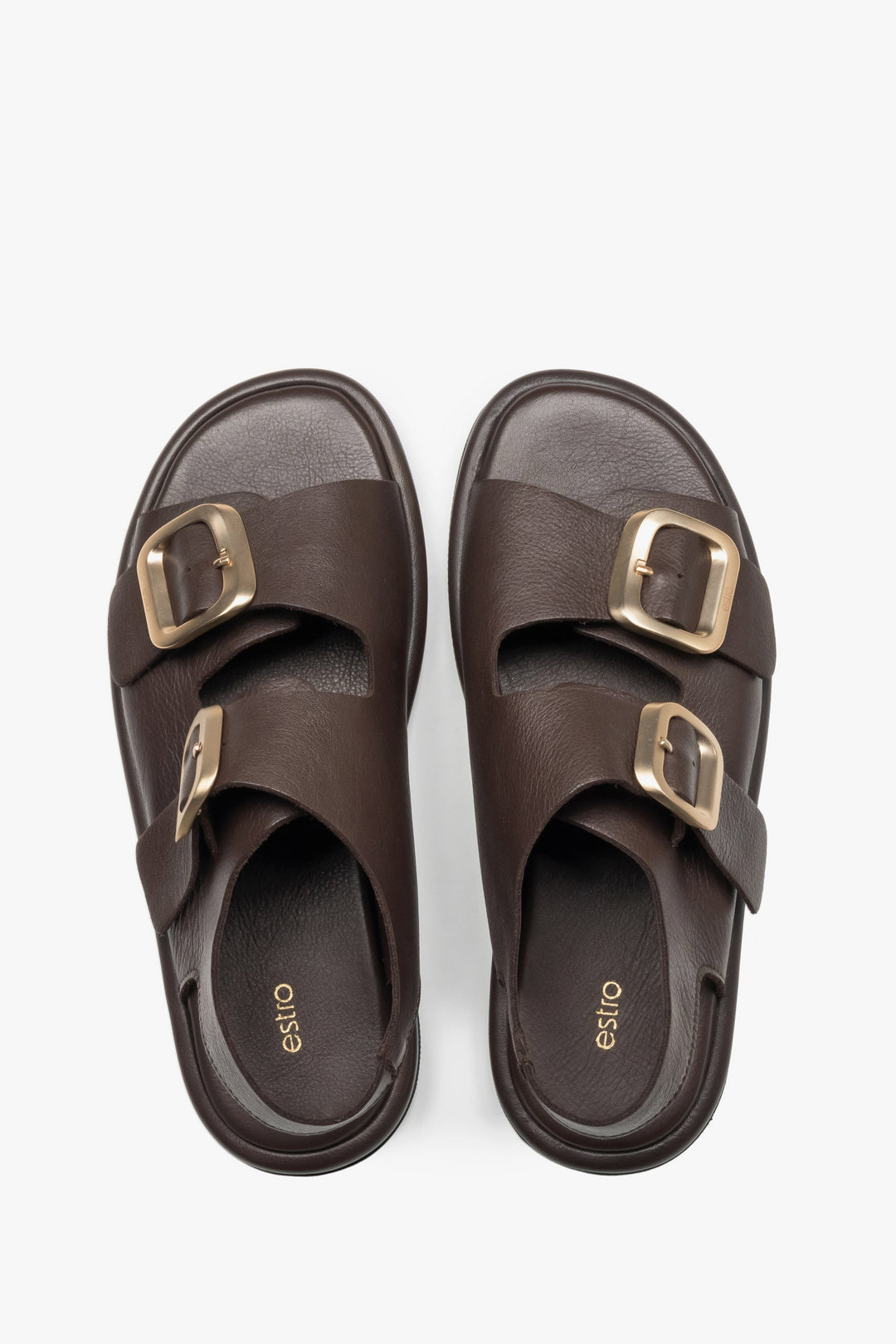 Women’s dark brown flat sandals with adjustable gold-tone buckles, Estro.