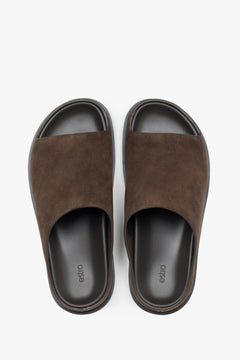 Women's Dark Brown Flat Slide Sandals in Genuine Velour ER00119365.