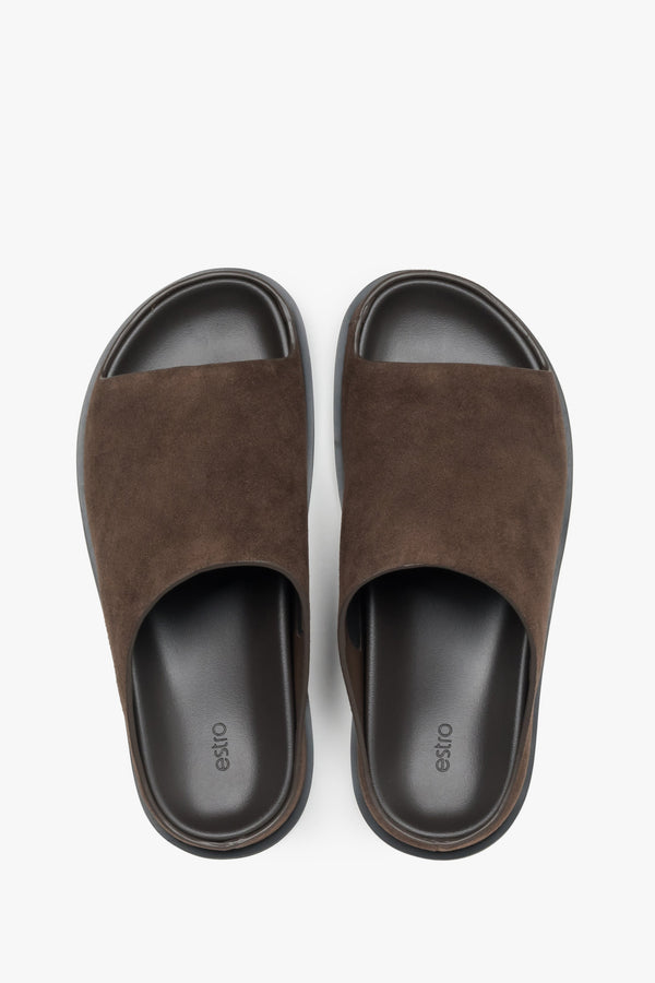 Women's Dark Brown Flat Slide Sandals in Genuine Velour ER00119365.