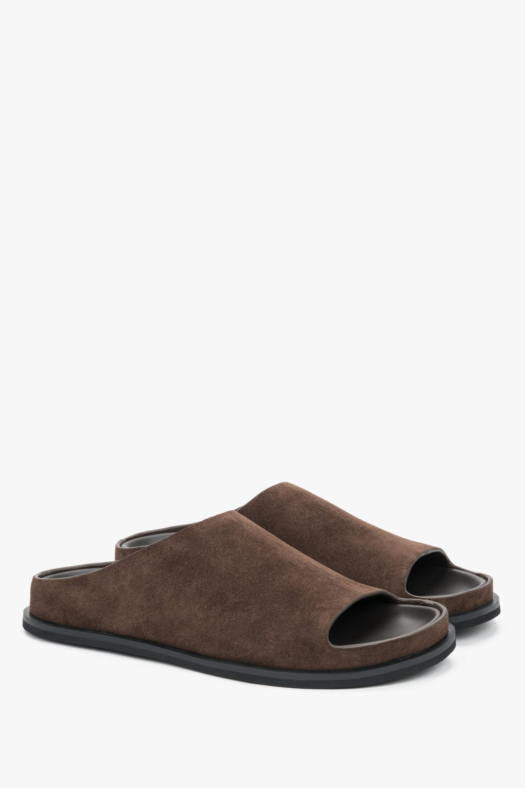 Women’s dark brown velour slide sandals on a flat sole Estro.
