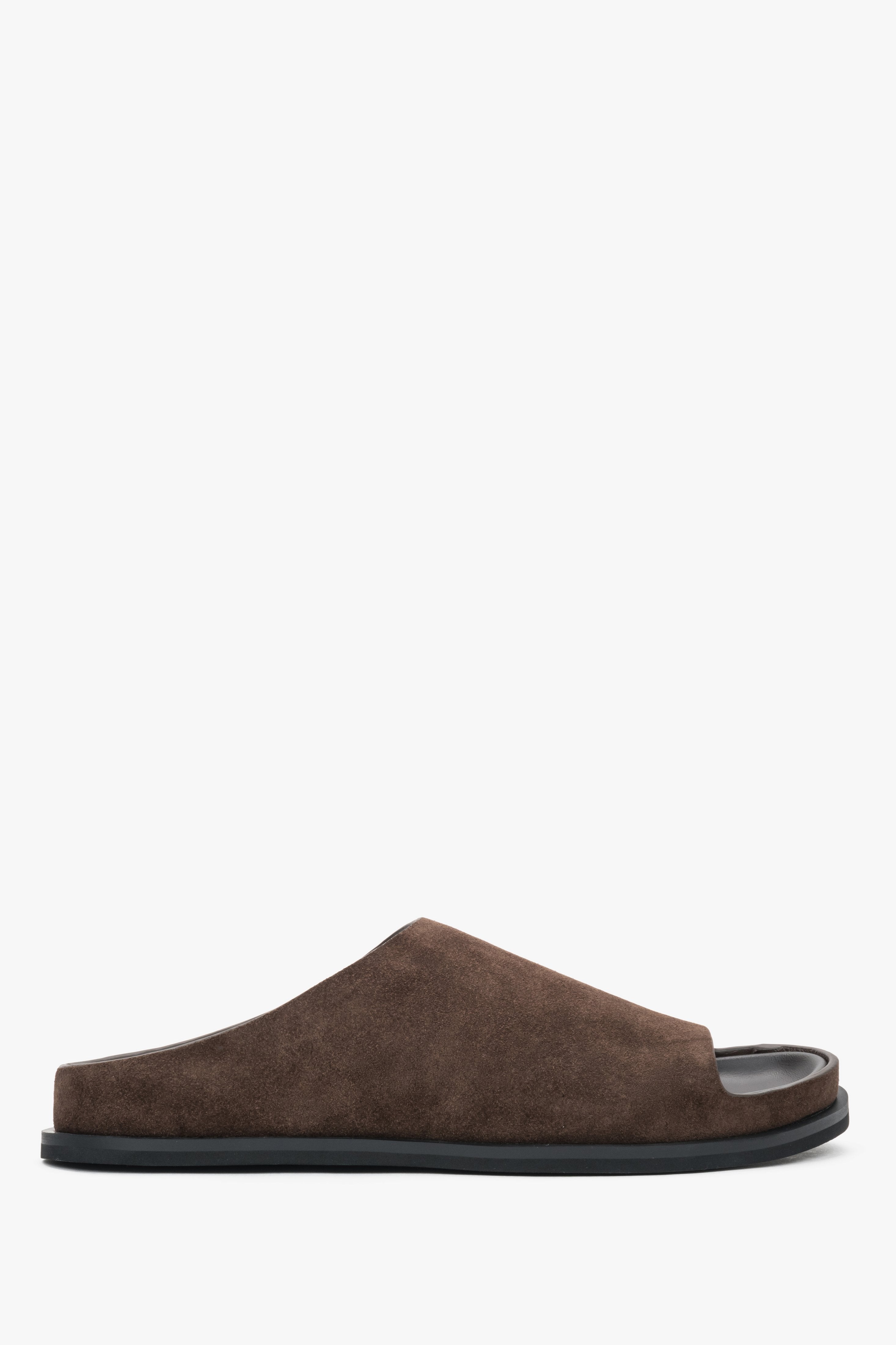Women’s slide sandals, dark brown, made of natural velour, on a flat sole, Estro.