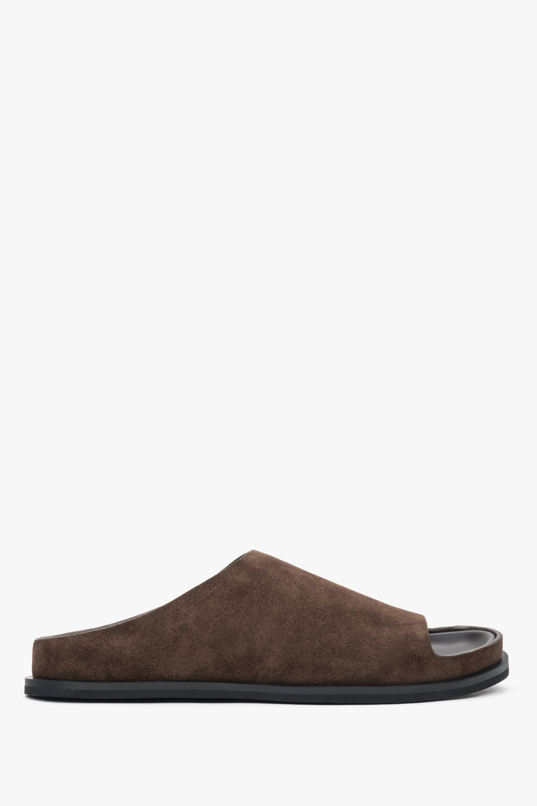 Women’s slide sandals, dark brown, made of natural velour, on a flat sole, Estro.