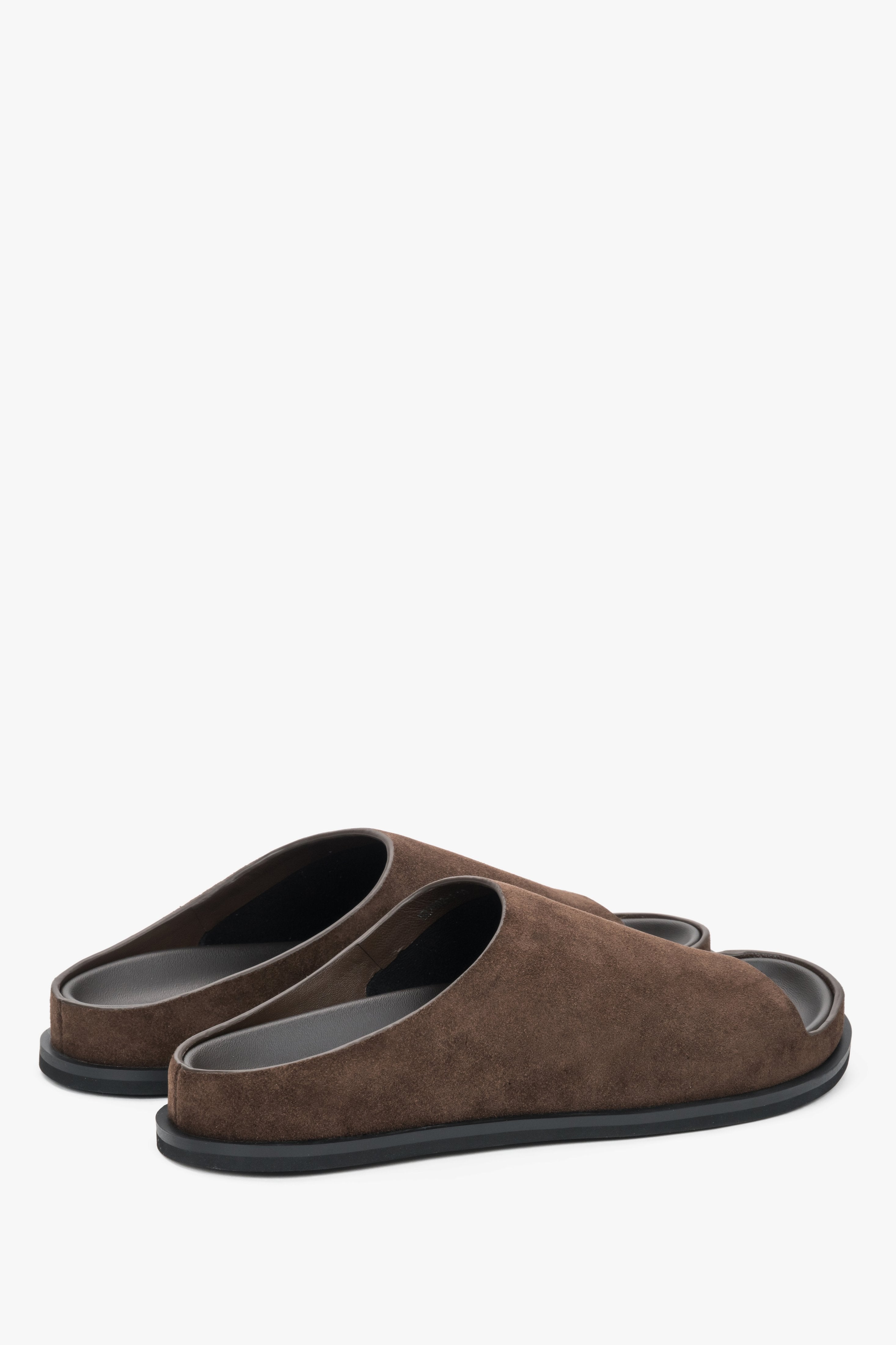 Made of natural velour, dark brown women’s slide sandals on a flat sole Estro.