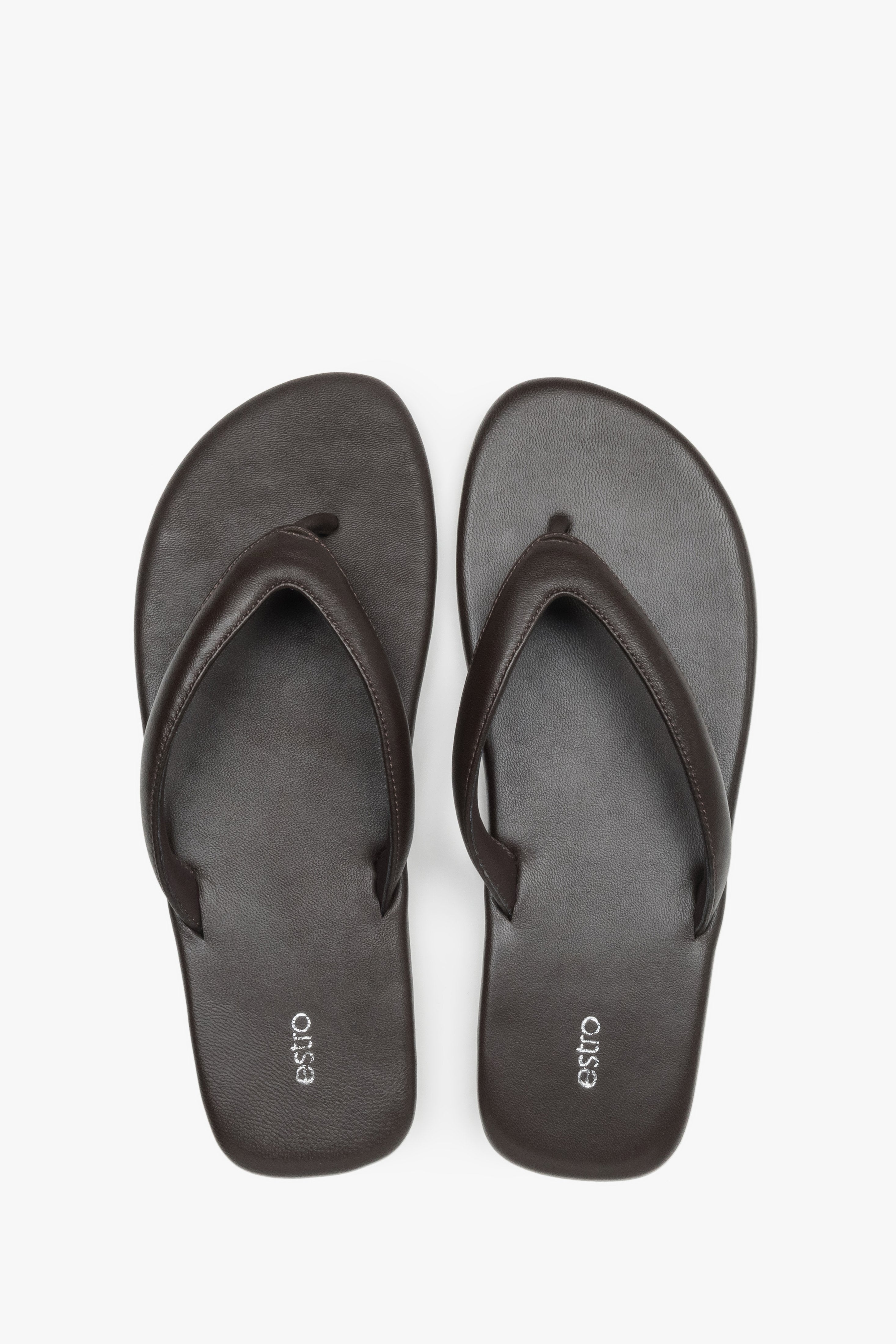 Women’s dark brown flip-flops made from soft genuine leather by Estro – top view.
