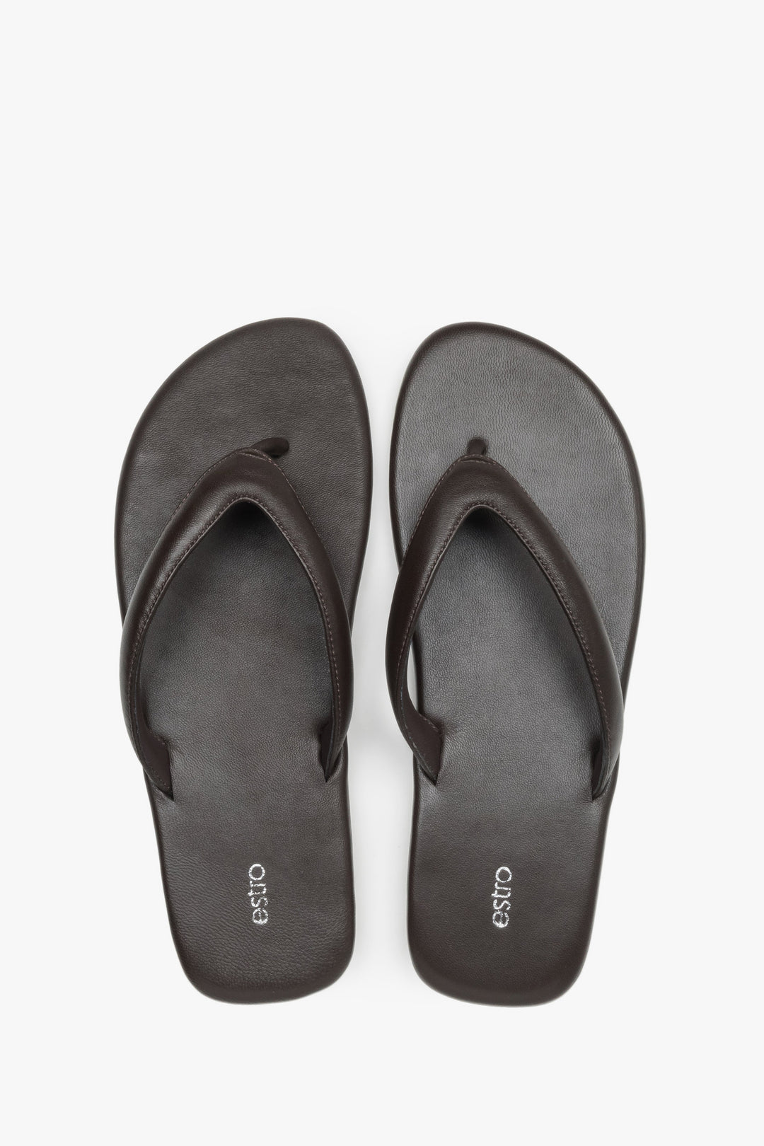 Women’s dark brown flip-flops made from soft genuine leather by Estro – top view.