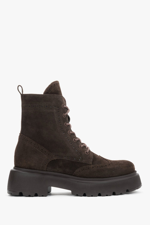 Estro - women's dark brown premium Italian velour ankle boots with folk perforations.