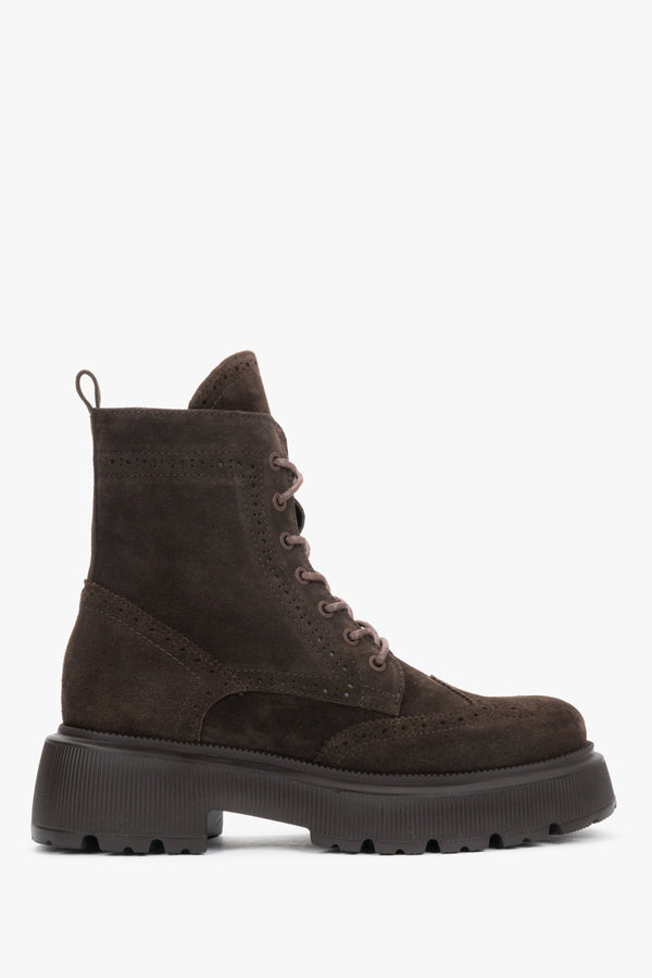 Estro - women's dark brown premium Italian velour ankle boots with folk perforations.