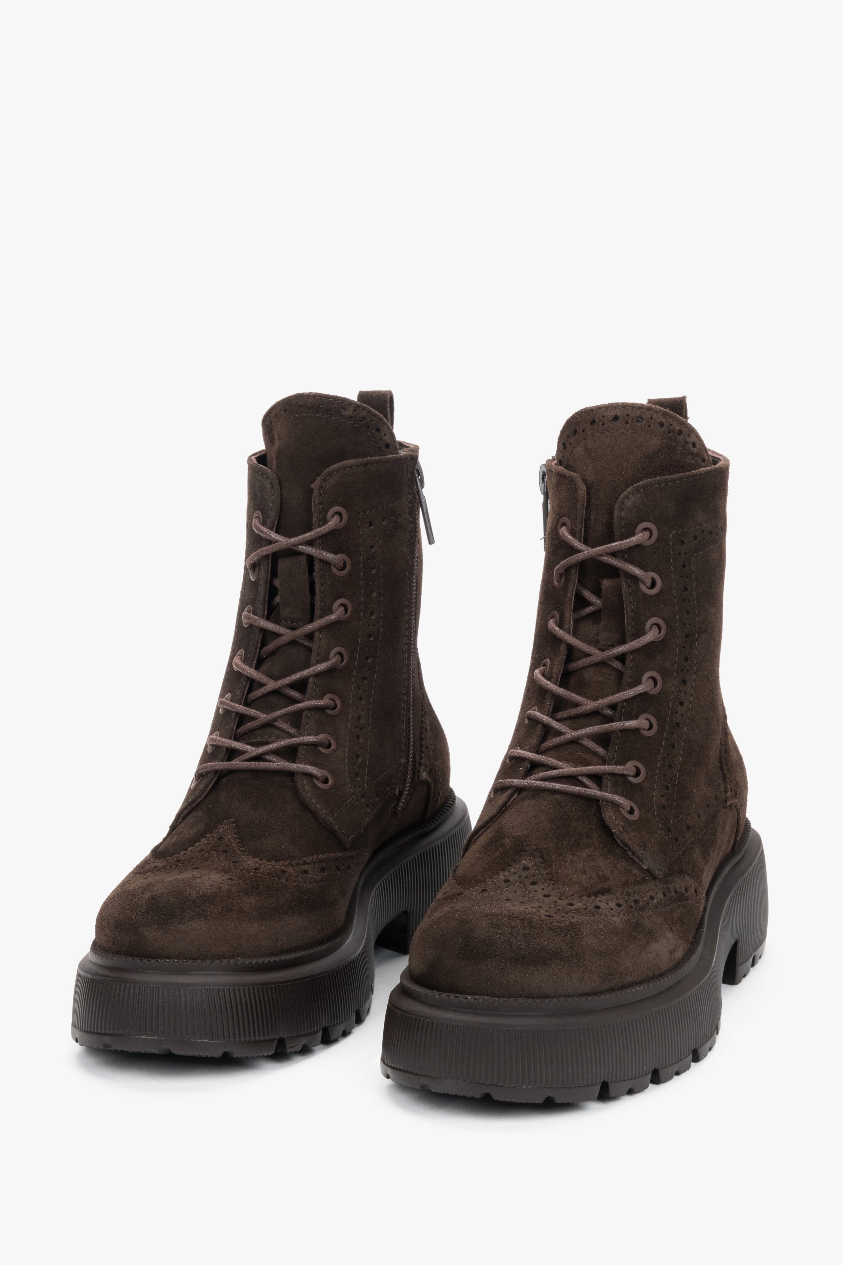 Women's dark brown genuine Italian velour ankle boots with folk perforations Estro.