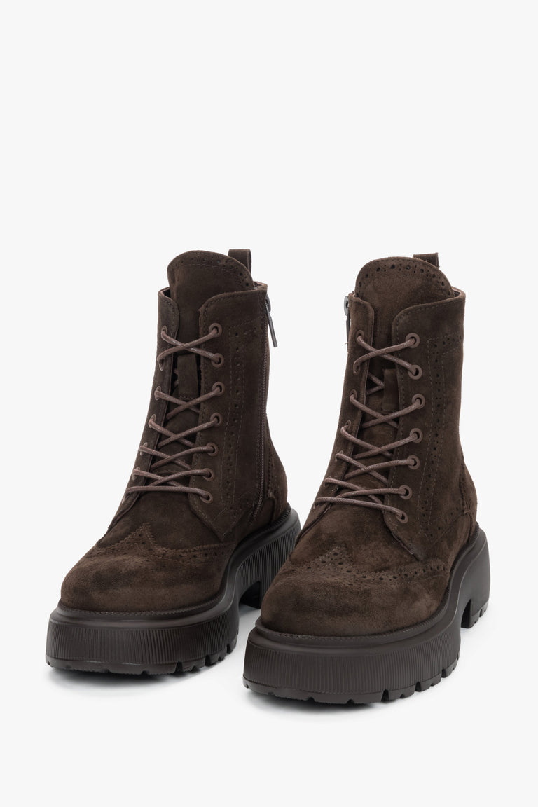 Women's dark brown genuine Italian velour ankle boots with folk perforations Estro.