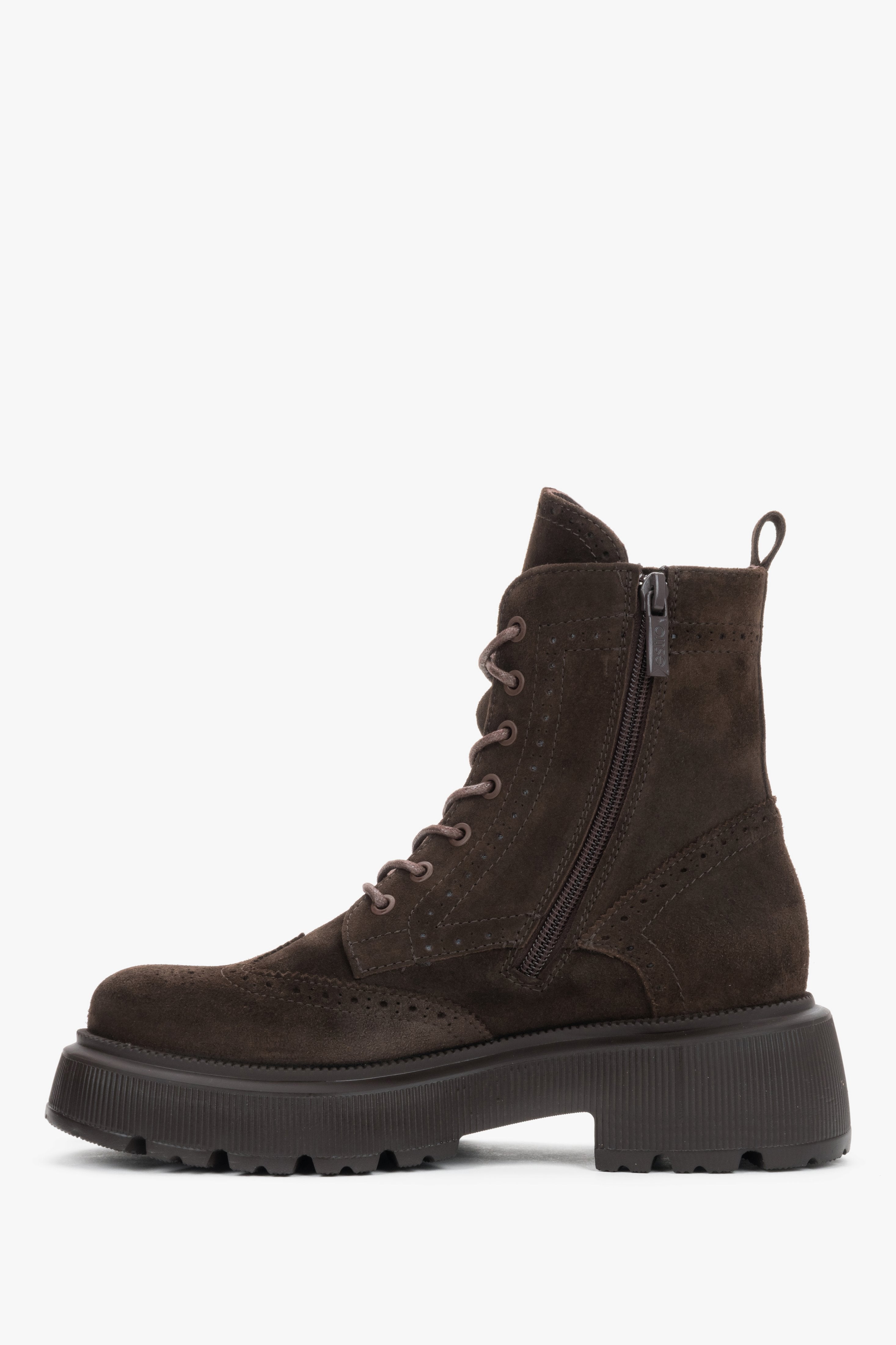 Dark brown premium Italian velour women's perforated folk ankle boots, Estro.