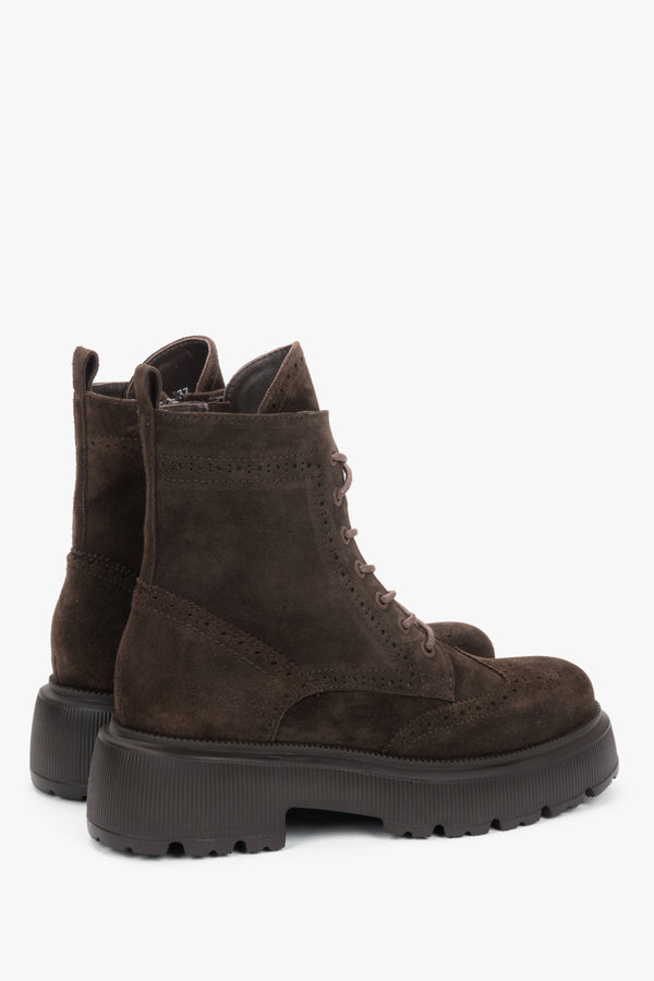 Women's dark brown Italian velour ankle boots Estro - side view showing folk perforation details.