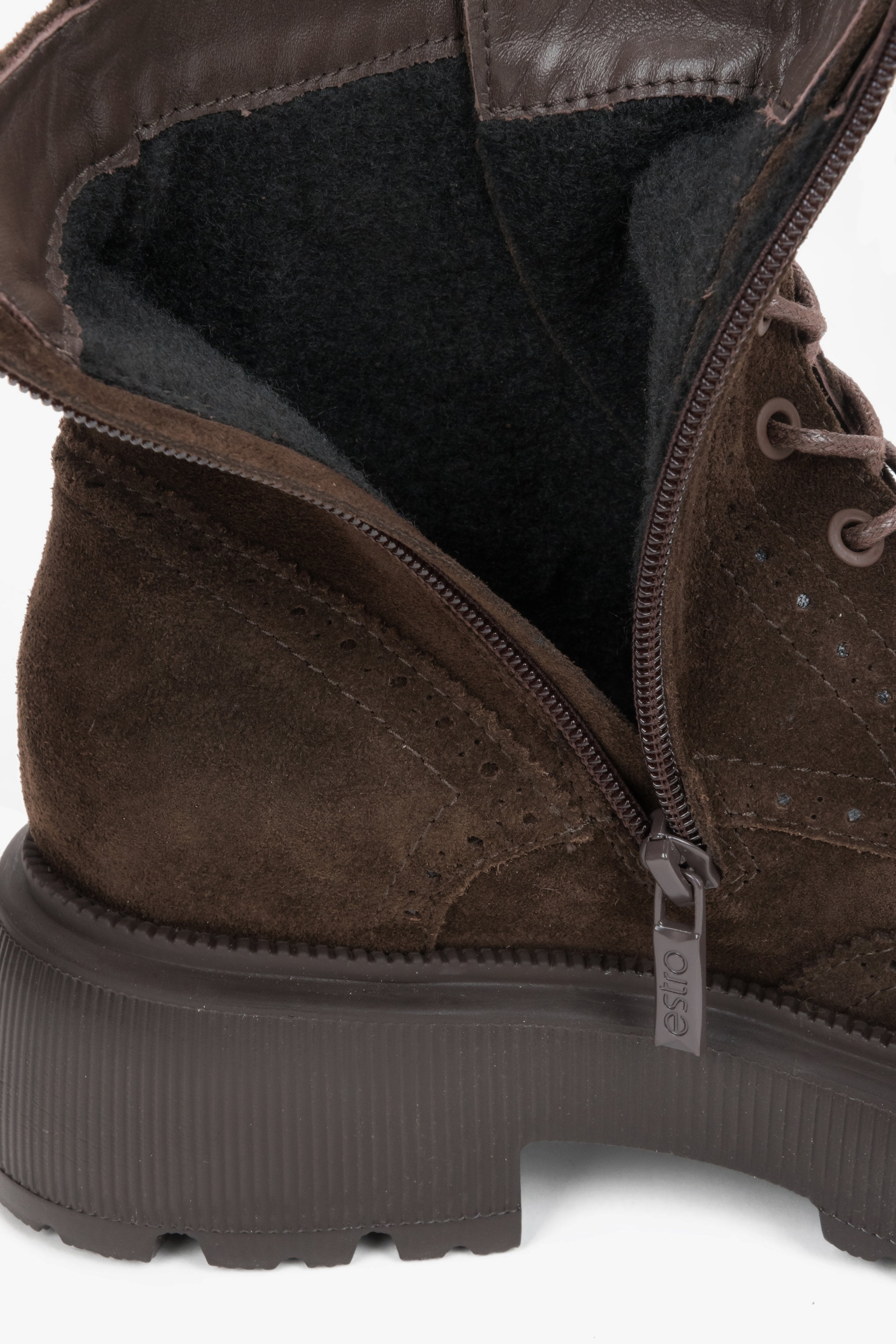 Women's dark brown Italian velour boots Estro - close-up of texture and decorative folk perforations.