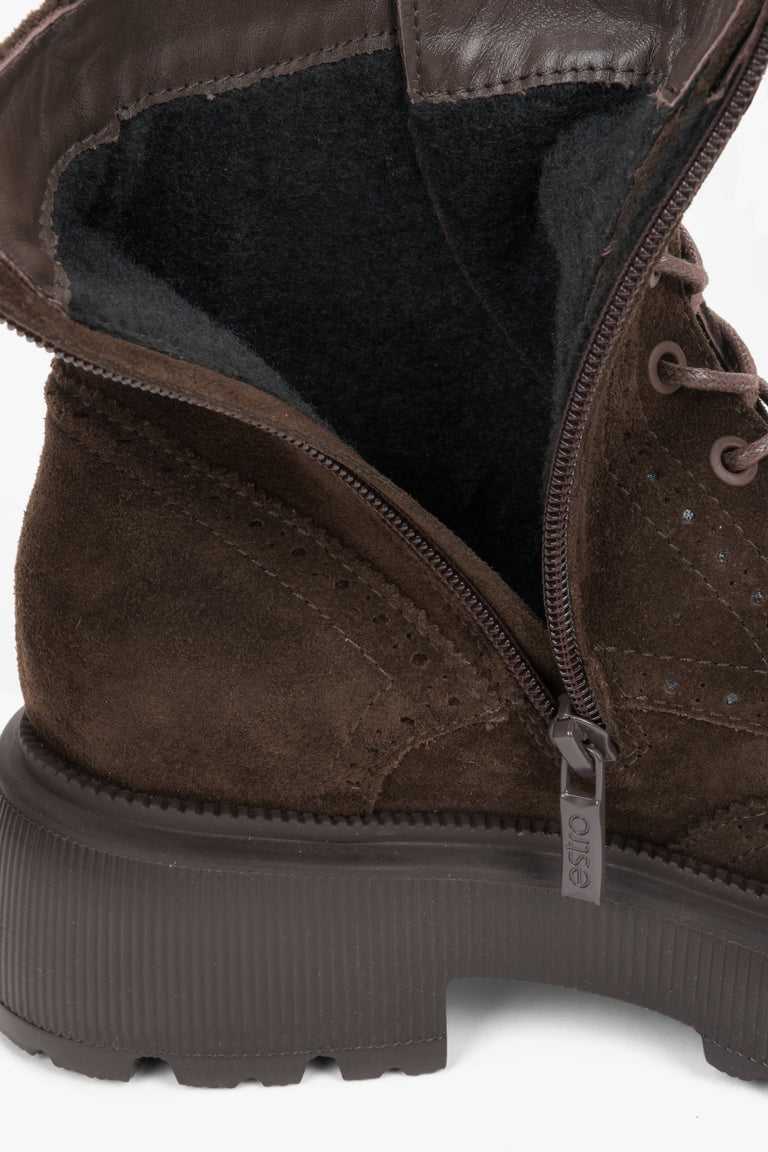 Women's dark brown Italian velour boots Estro - close-up of texture and decorative folk perforations.