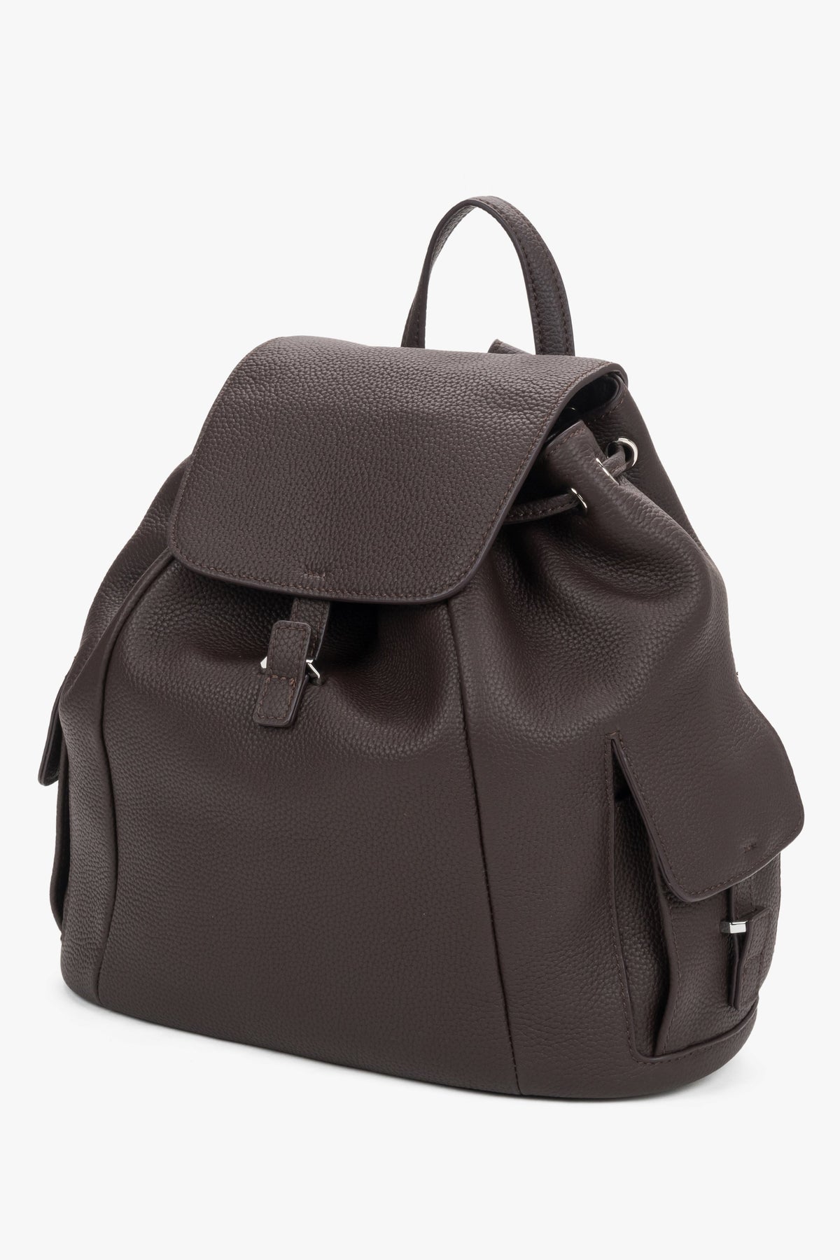 Estro - women's dark brown genuine leather bucket backpack.
