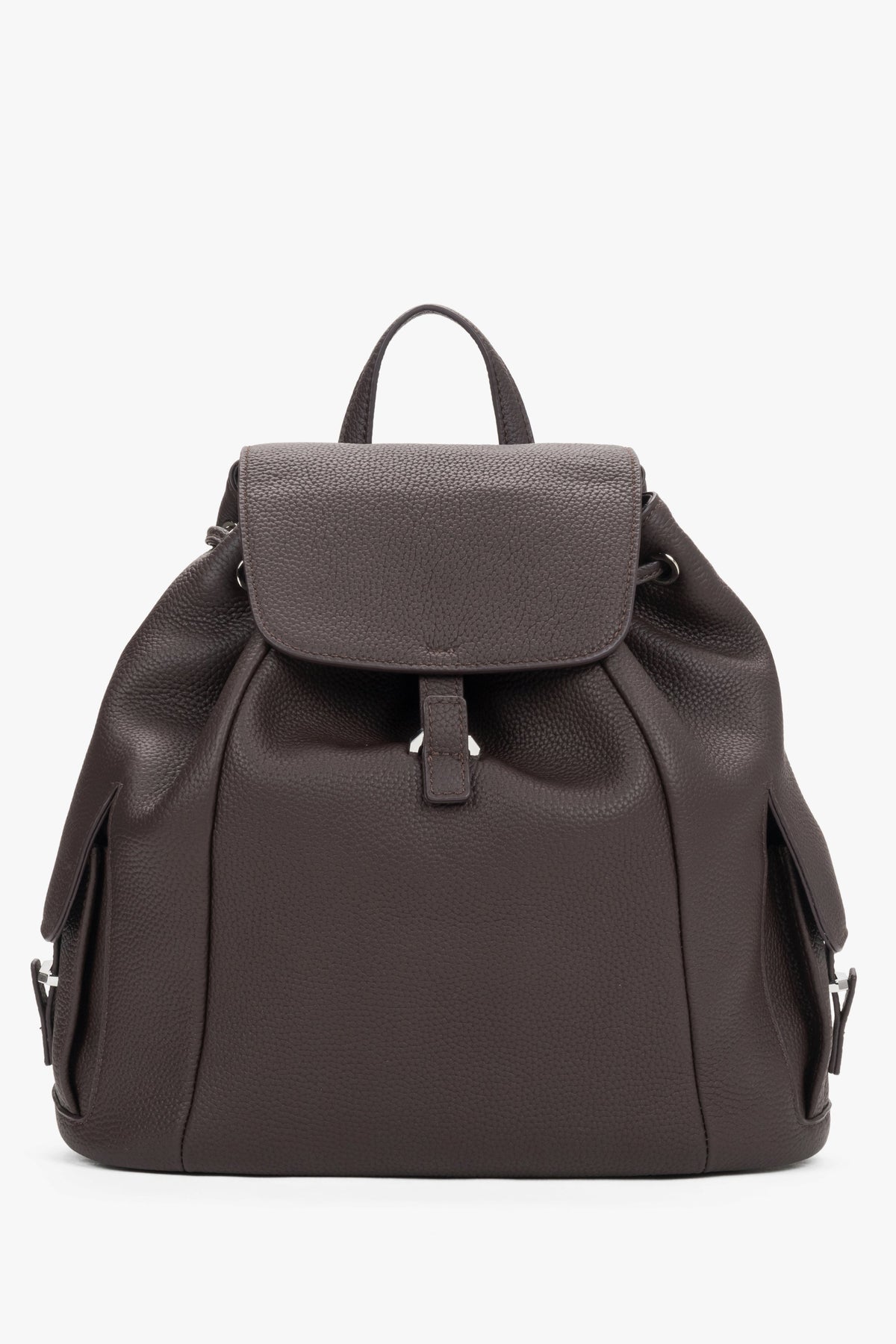 Women's dark brown leather bucket backpack Estro - front view showing drawstring closure and structure.