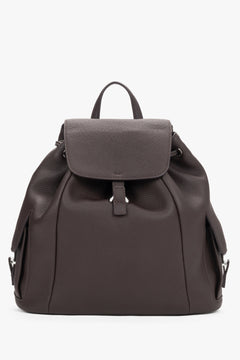Women's dark brown leather bucket backpack Estro - front view showing drawstring closure and structure.