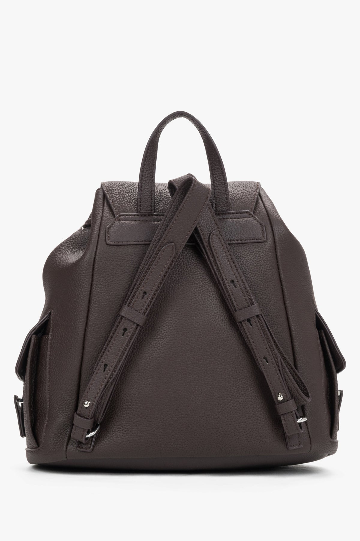 Women's dark brown leather bucket backpack Estro - side view showing shoulder straps and side profile.
