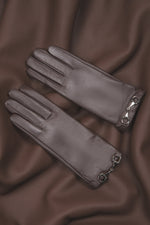 Women's Dark Brown Genuine Leather Gloves with Decorative Buckle Estro ER00118419.
