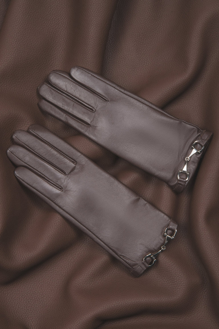 Women's Dark Brown Genuine Leather Gloves with Decorative Buckle Estro ER00118419.