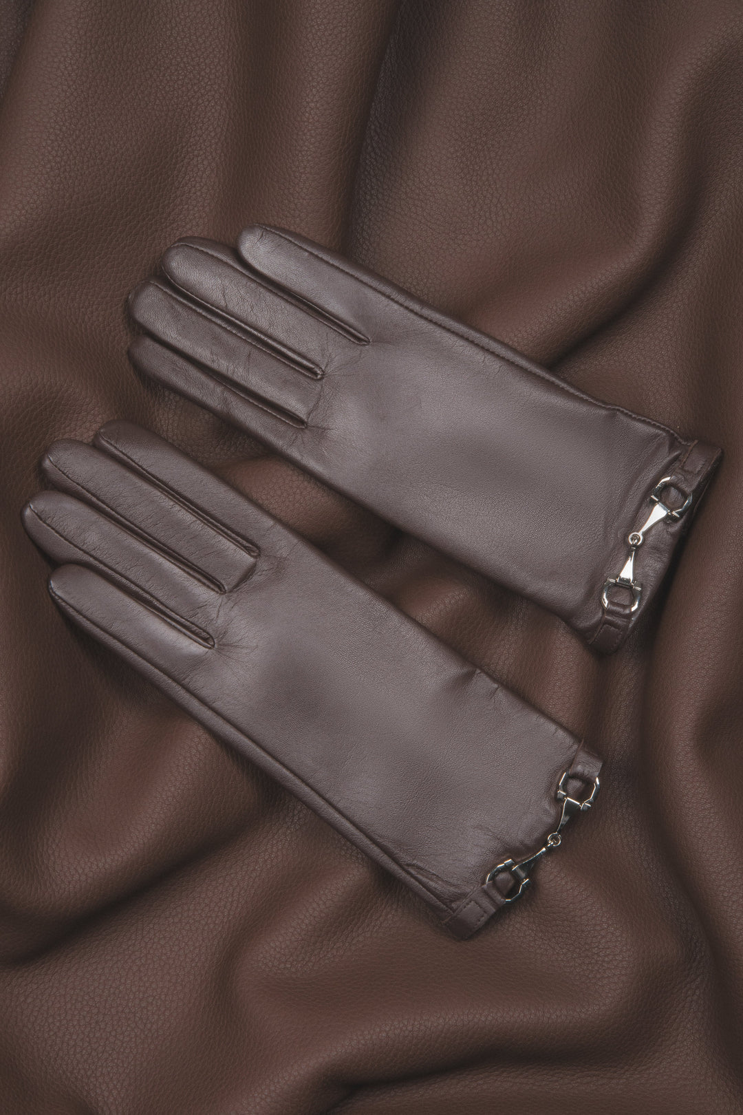 Women's Dark Brown Genuine Leather Gloves with Decorative Buckle Estro ER00118419.