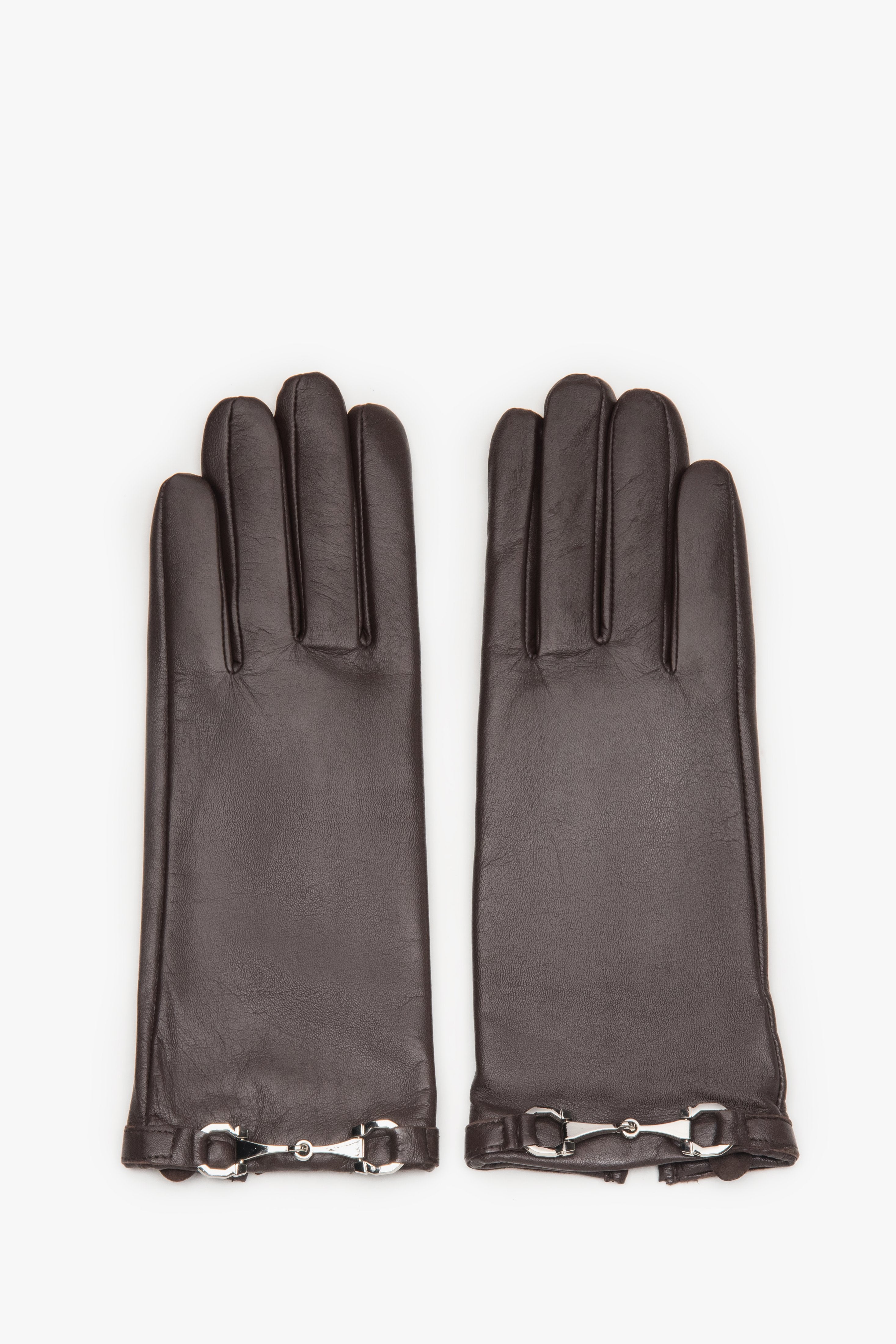 Women's dark brown genuine leather gloves with decorative buckle Estro.