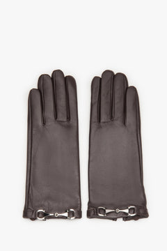 Women's dark brown genuine leather gloves with decorative buckle Estro.