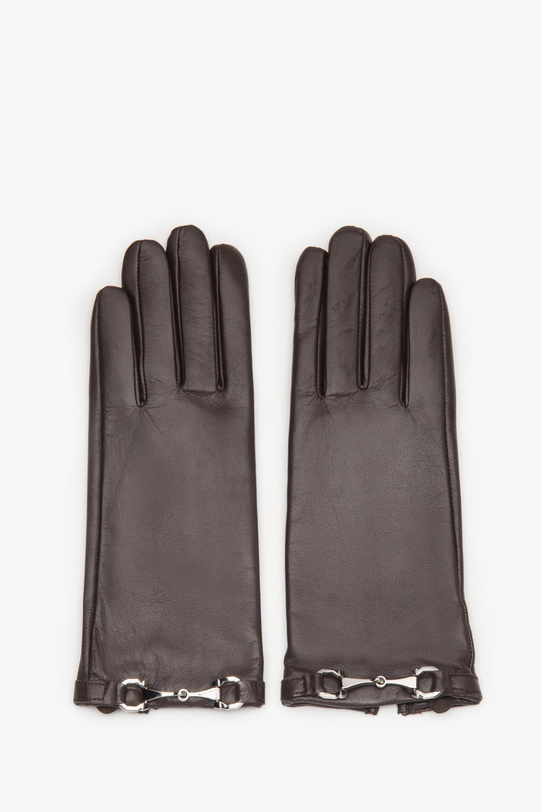 Women's dark brown genuine leather gloves with decorative buckle Estro.