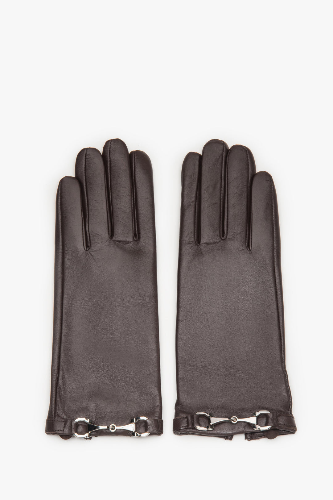 Women's dark brown genuine leather gloves with decorative buckle Estro.