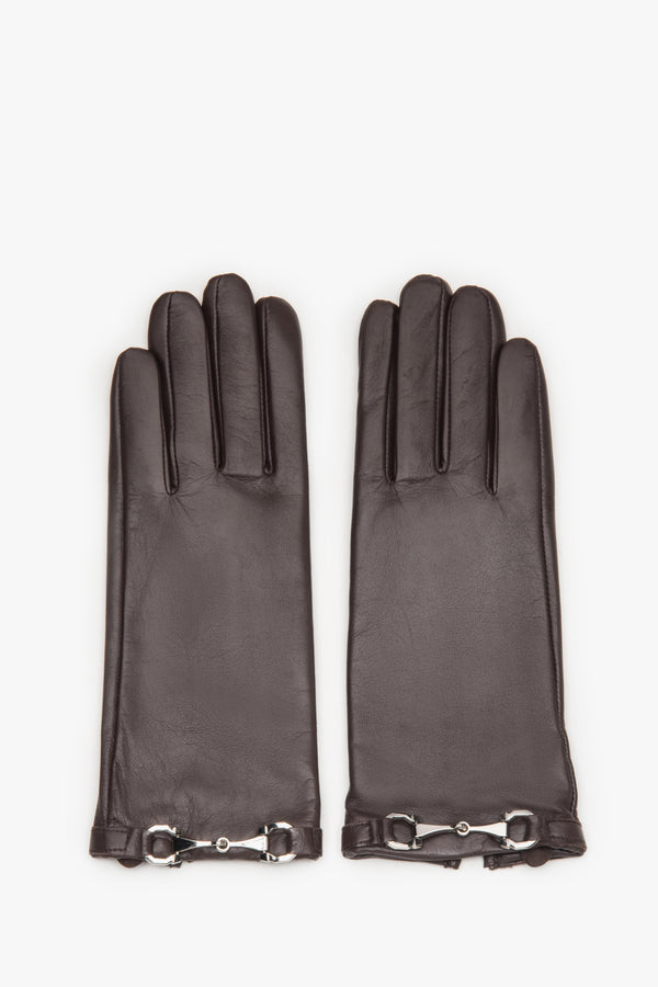 Women's dark brown genuine leather gloves with decorative buckle Estro.