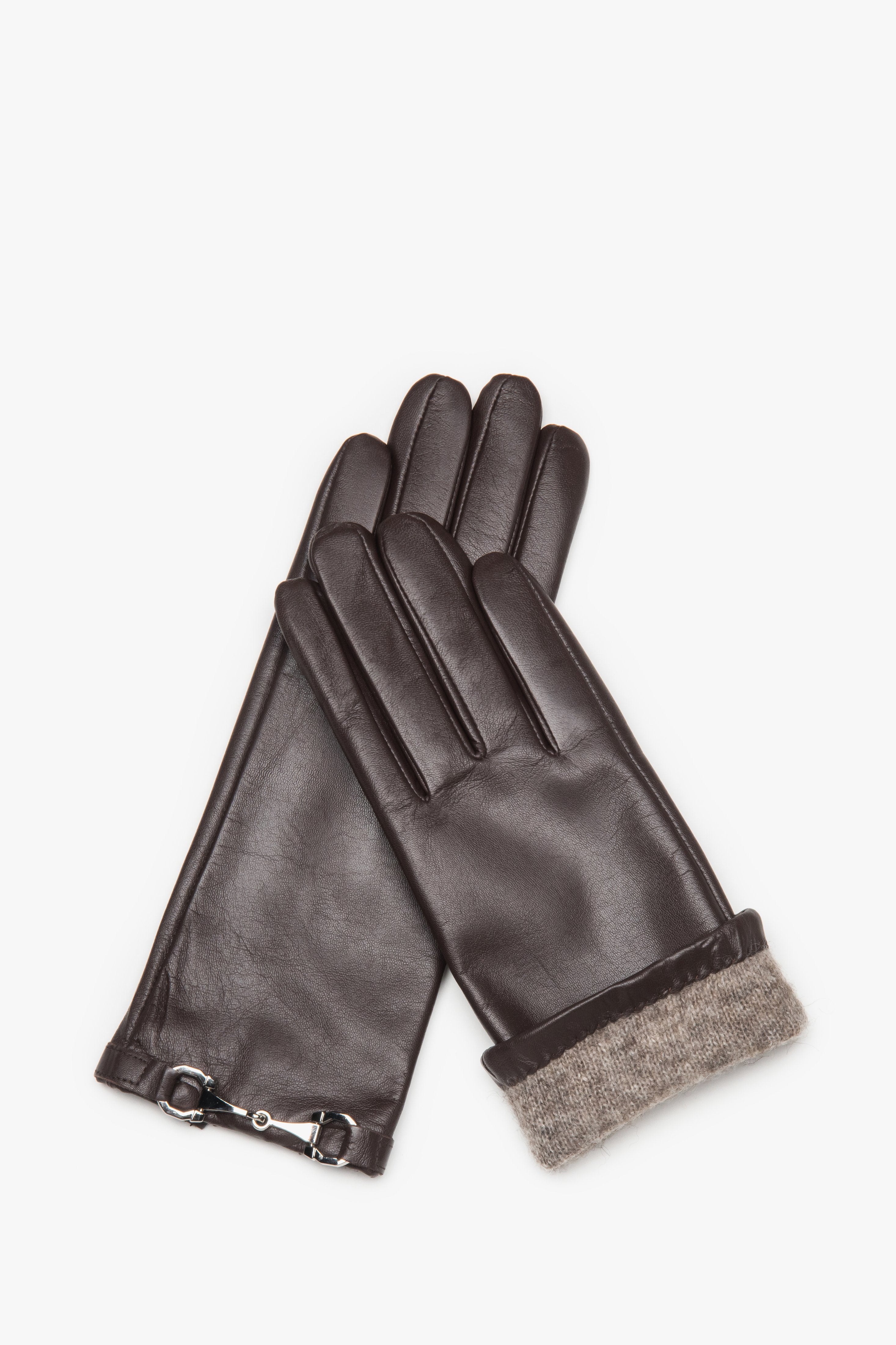 Women's gloves Estro, dark brown, made of genuine leather with decorative buckle.