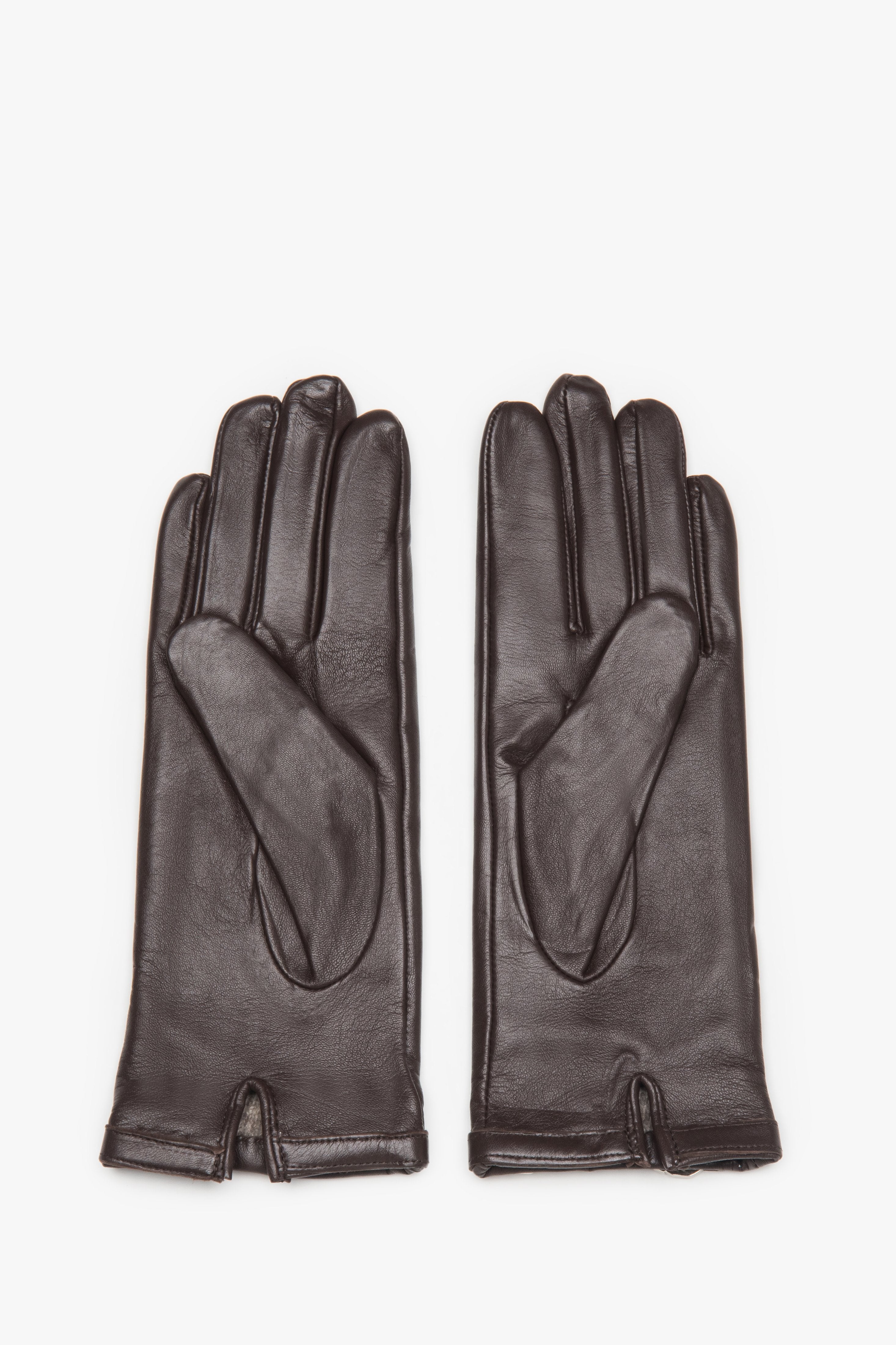 Made of genuine leather, women's dark brown gloves with decorative buckle Estro.