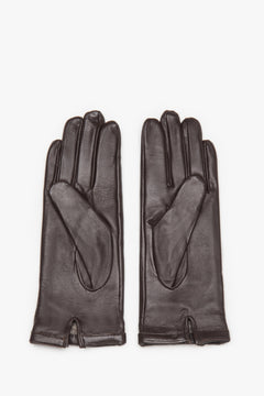 Made of genuine leather, women's dark brown gloves with decorative buckle Estro.
