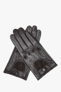 Women's Dark Brown Genuine Leather Gloves with Decorative Perforation Estro ER00118425.