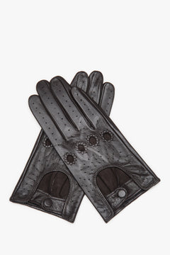 Women's Dark Brown Genuine Leather Gloves with Decorative Perforation Estro ER00118425.