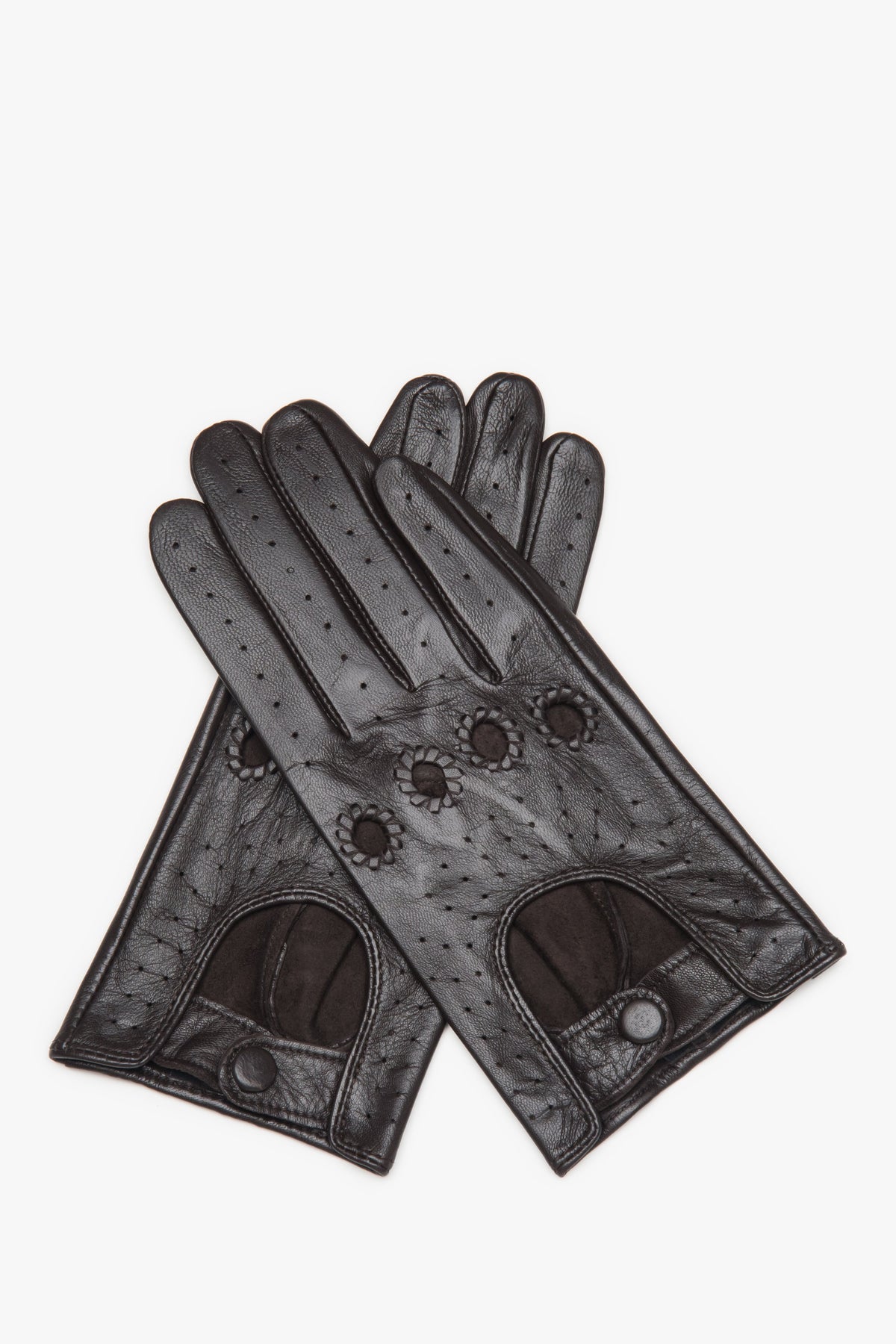 Women's Dark Brown Genuine Leather Gloves with Decorative Perforation Estro ER00118425.