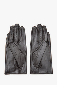 Women's dark brown genuine leather gloves with decorative perforation Estro.