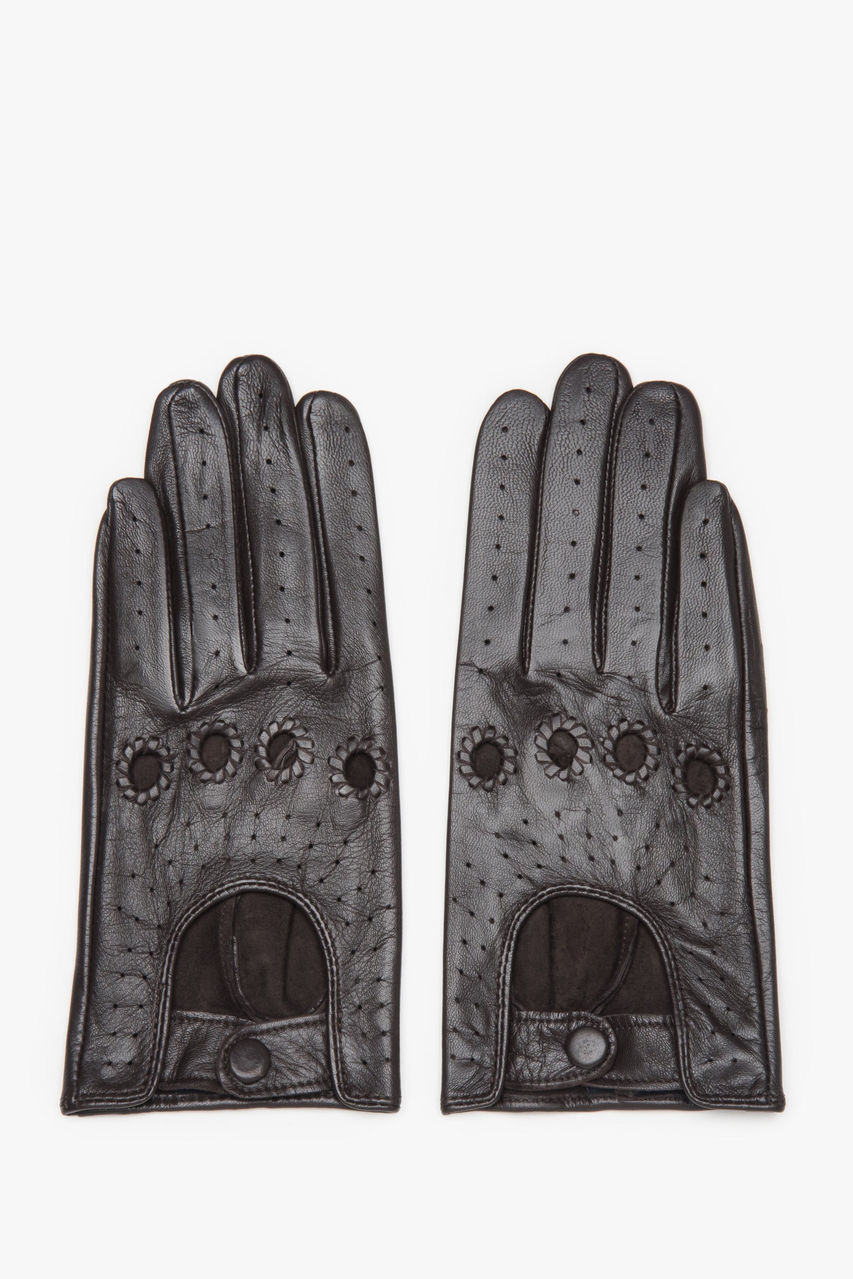 Women's gloves Estro, dark brown, made of genuine leather with decorative perforation.