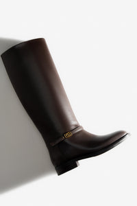 Women's Dark Brown Genuine Leather Knee-High Boots with Gold Buckle Estro ER00118434.