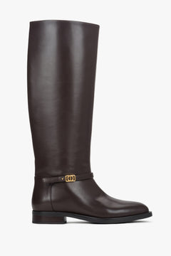 High dark brown women's boots made of genuine leather with a gold buckle.