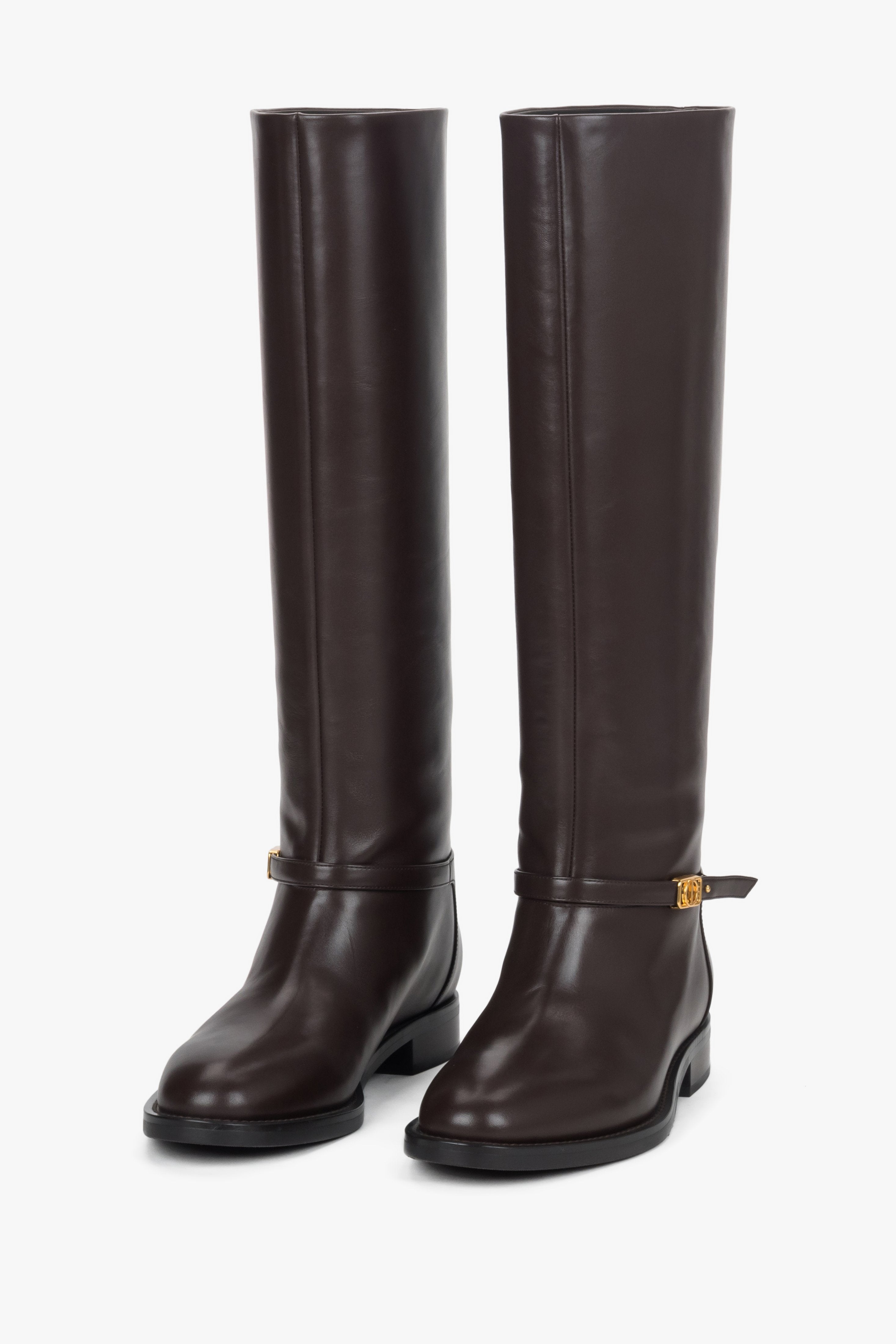 Women's high dark brown genuine leather boots with a gold buckle Estro.