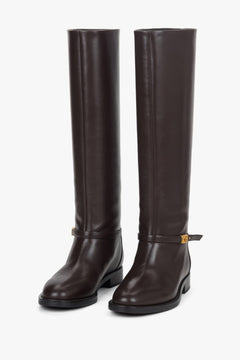 Women's high dark brown genuine leather boots with a gold buckle Estro.